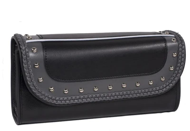12" PVC Motorcycle Tool Bag With Gray Braids & Studs
