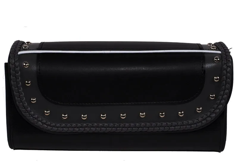 12" PVC Motorcycle Tool Bag With Gray Braids & Studs