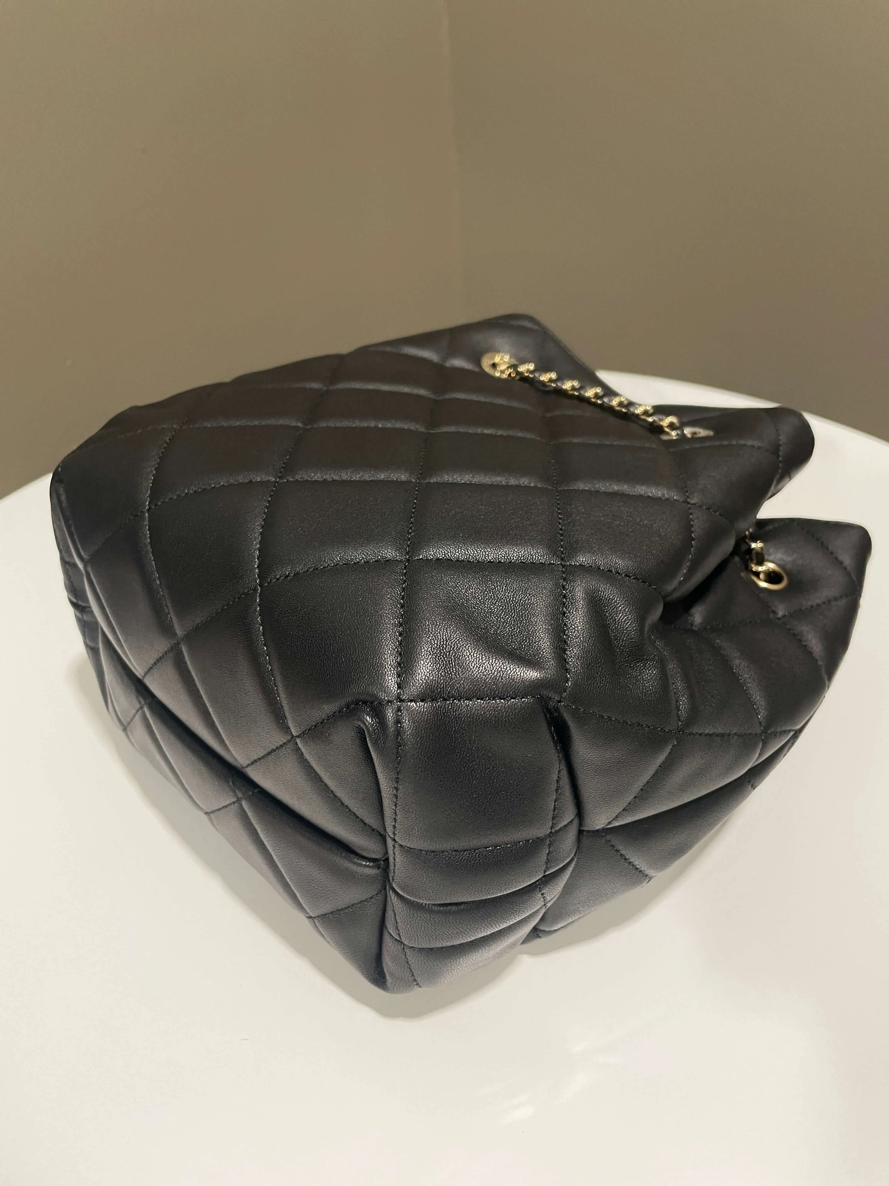 Chanel Quilted Cc Drawstring Bucket Shoulder Bag Black Lambskin