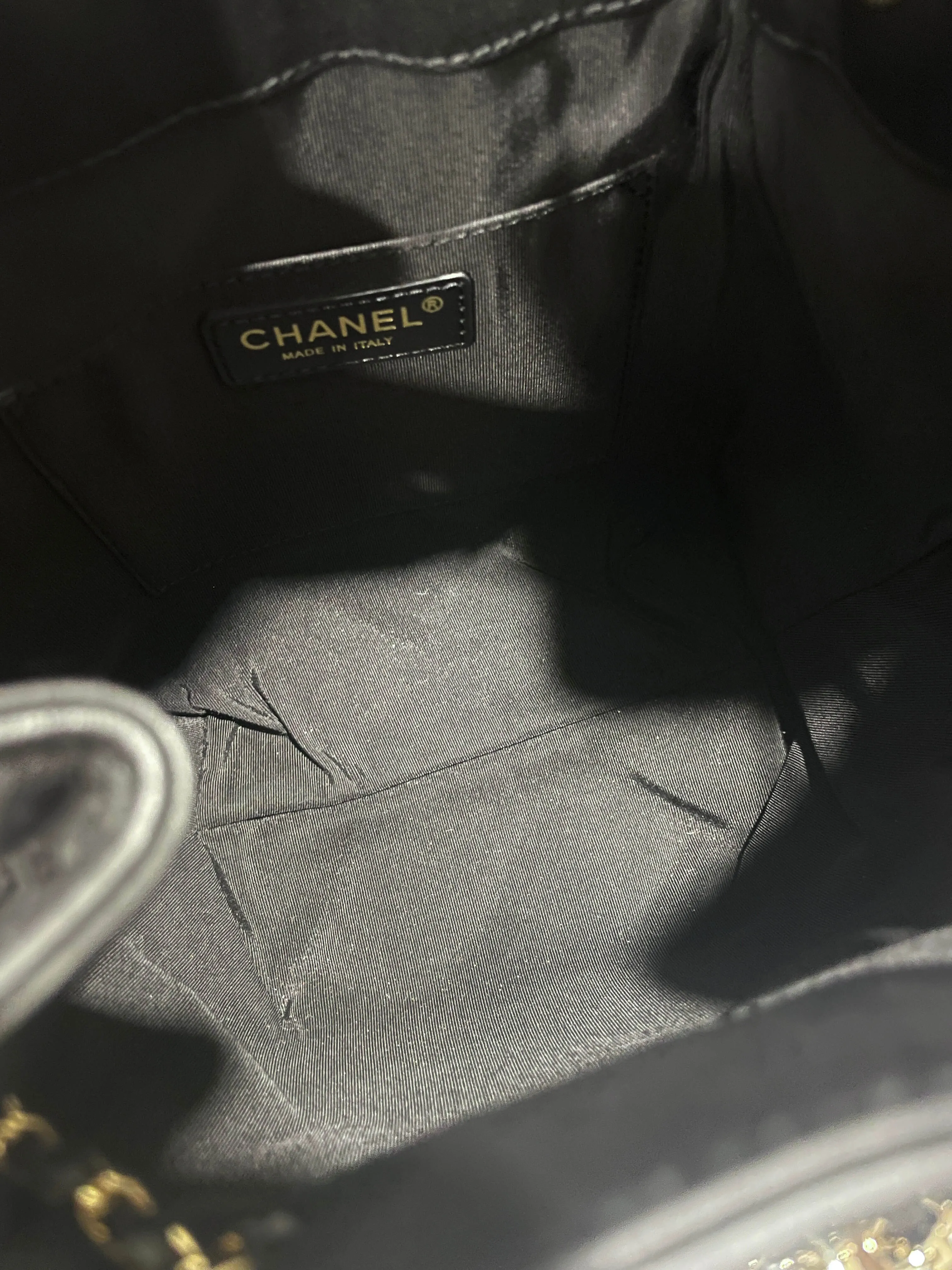 Chanel Quilted Cc Drawstring Bucket Shoulder Bag Black Lambskin