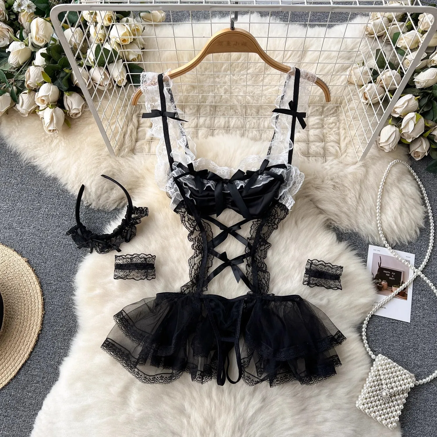 Ebony Lace Mesh Lingerie Set