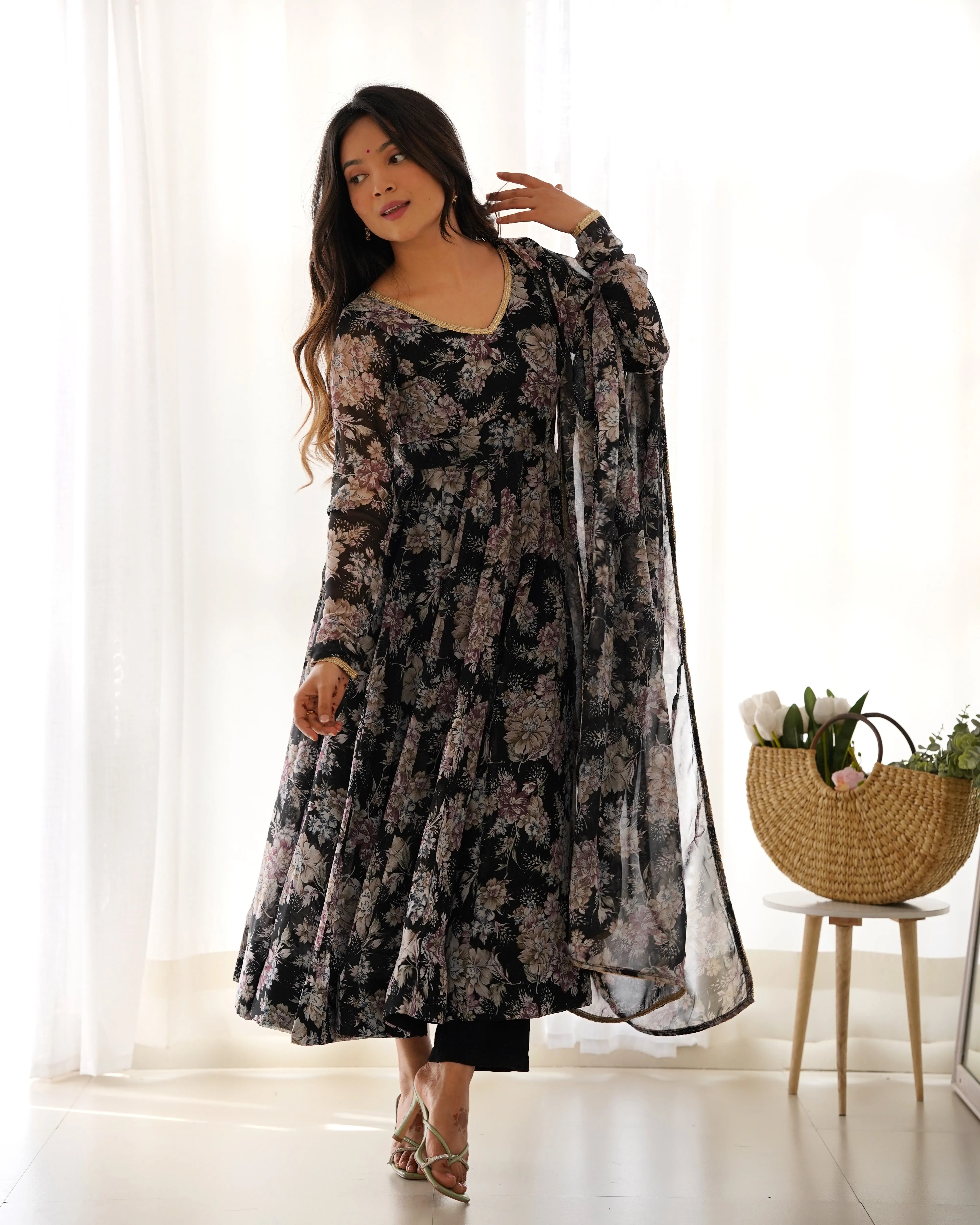 Exquisite Black Floral Printed Anarkali Salwar Suit