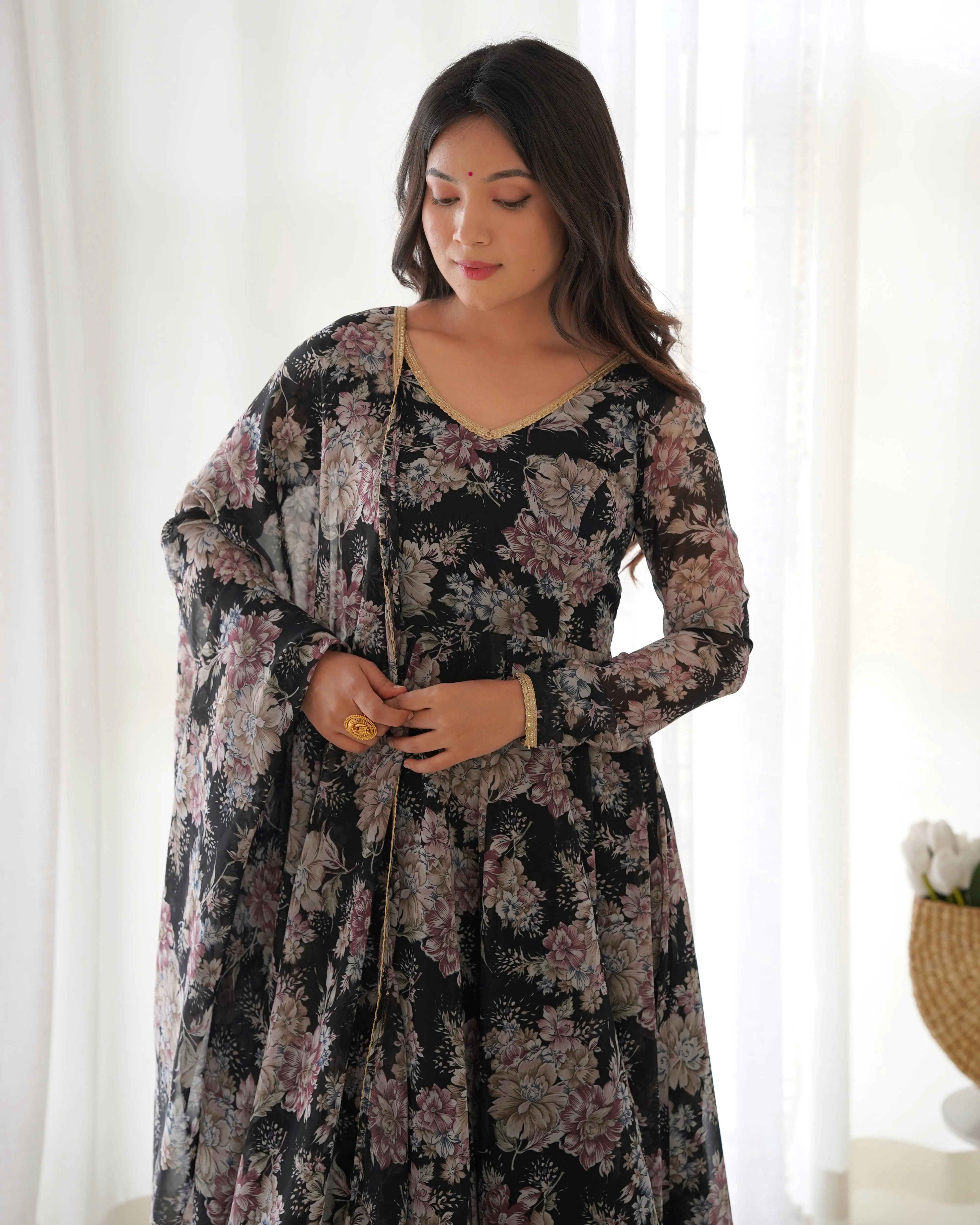 Exquisite Black Floral Printed Anarkali Salwar Suit