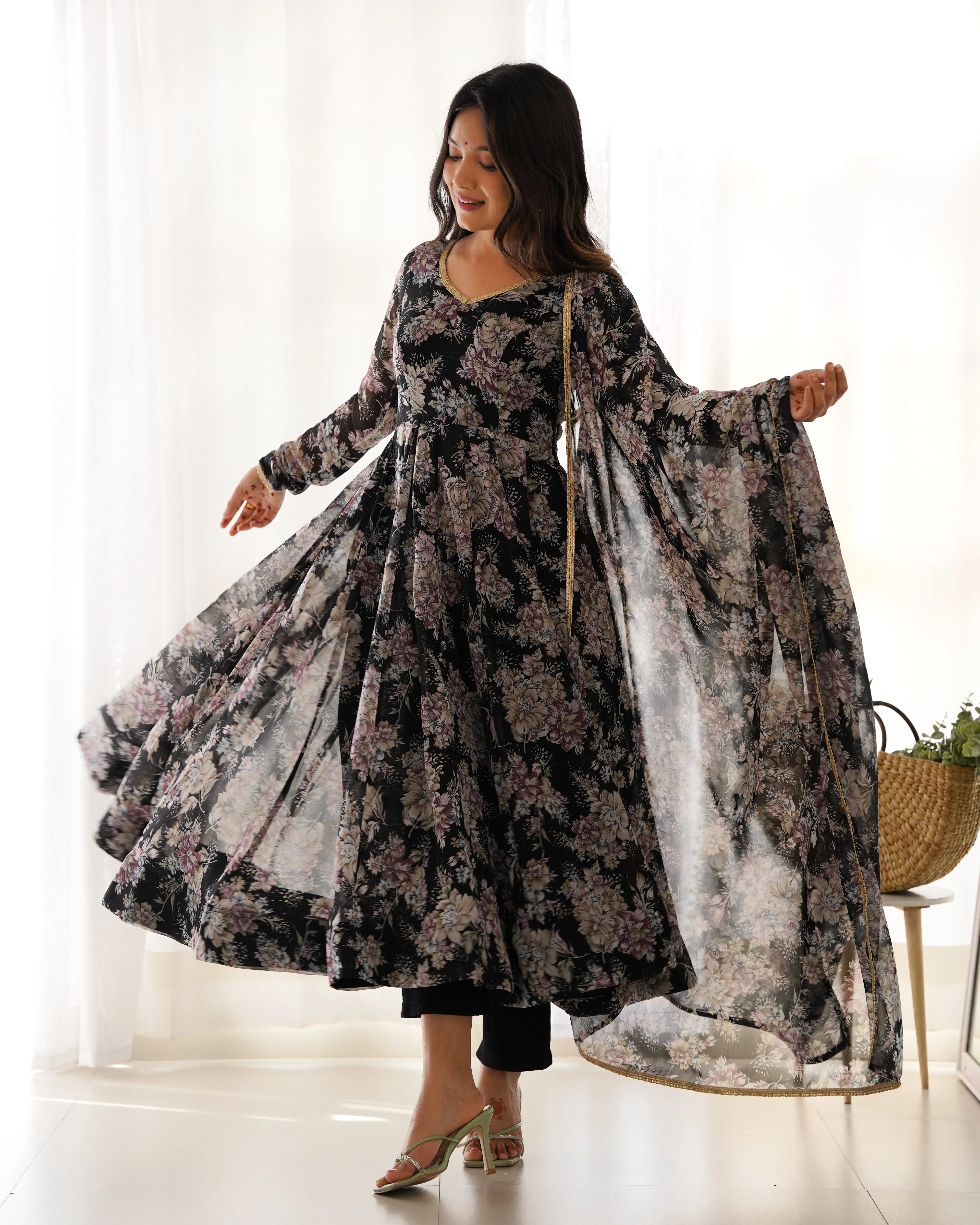 Exquisite Black Floral Printed Anarkali Salwar Suit