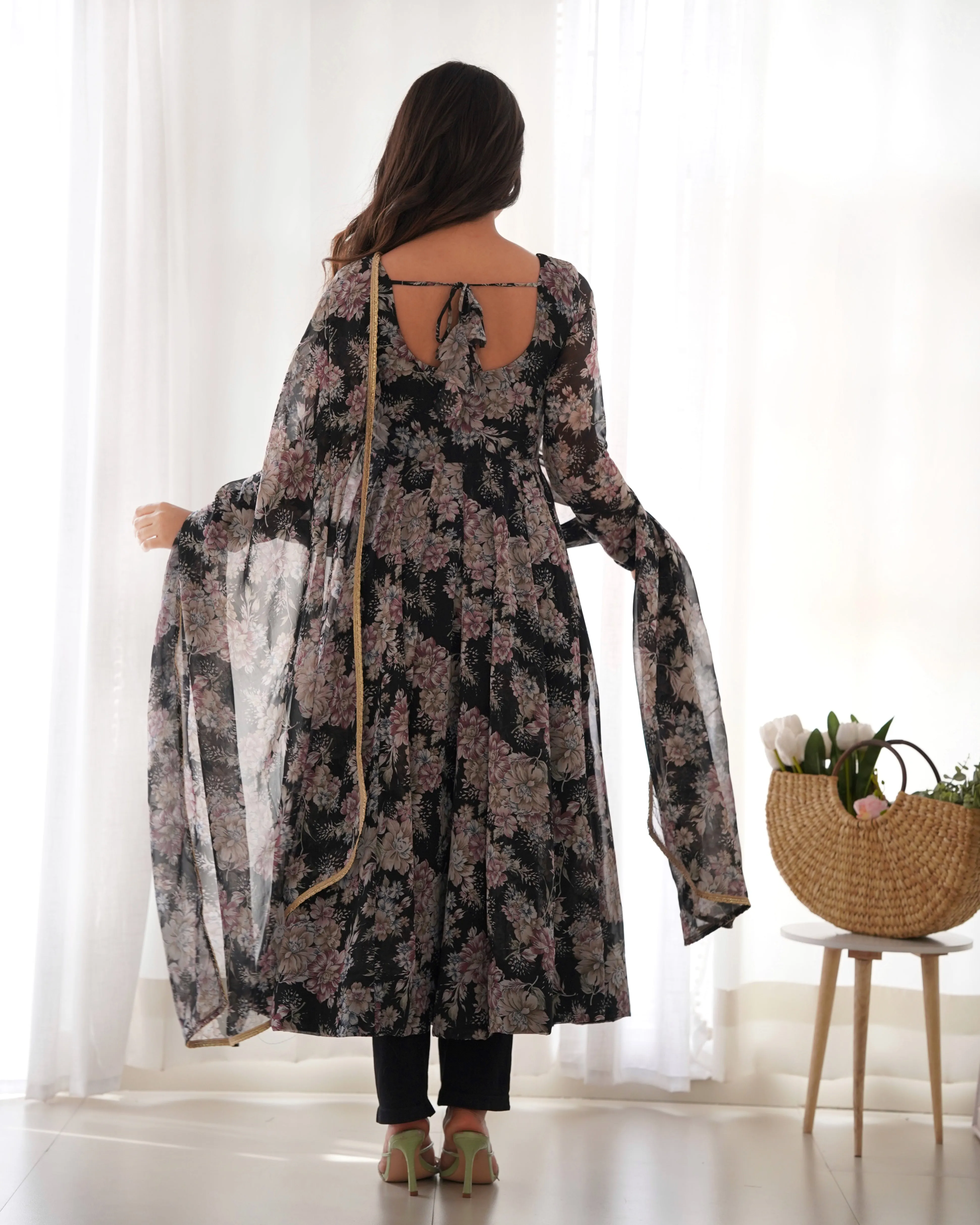 Exquisite Black Floral Printed Anarkali Salwar Suit