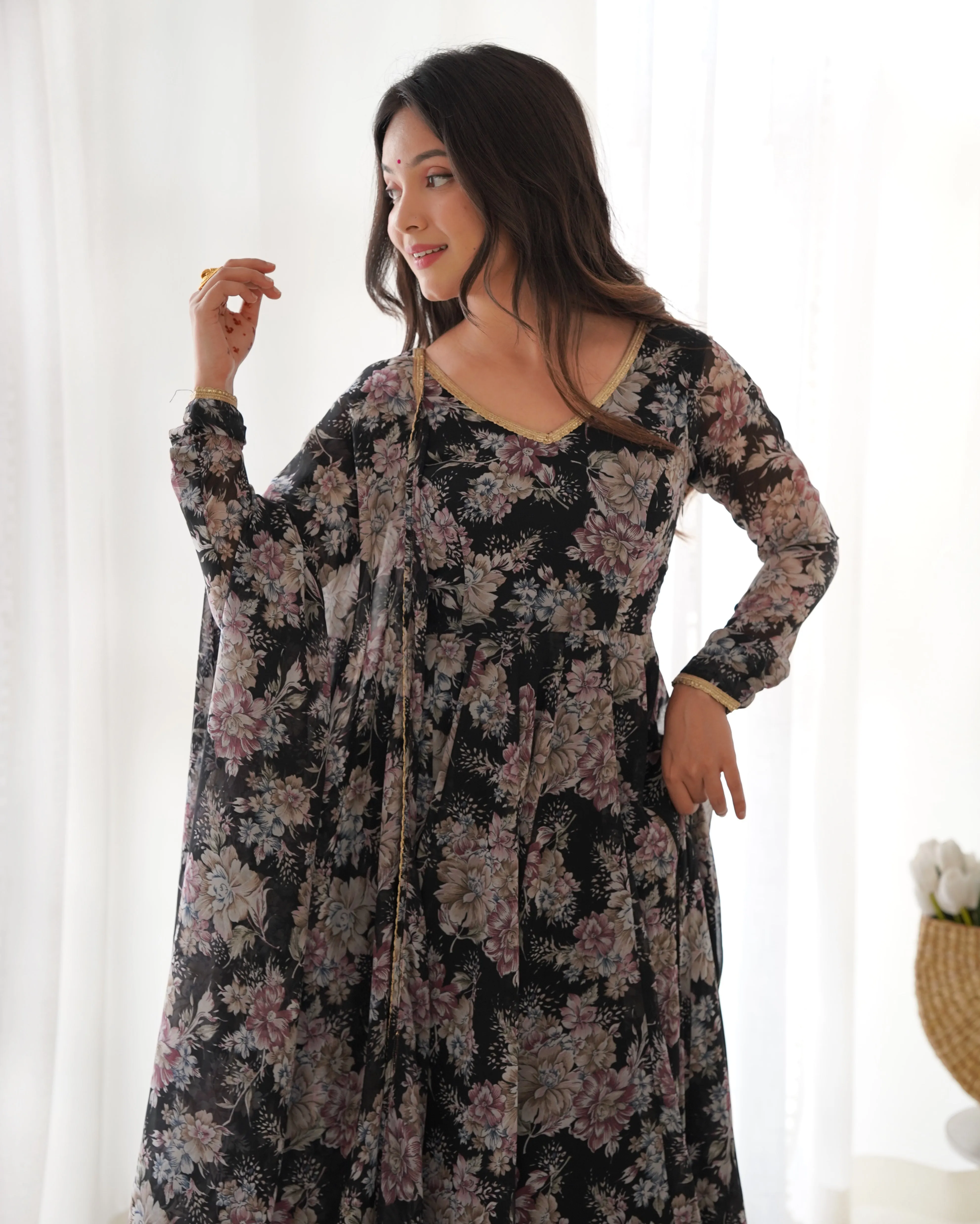 Exquisite Black Floral Printed Anarkali Salwar Suit