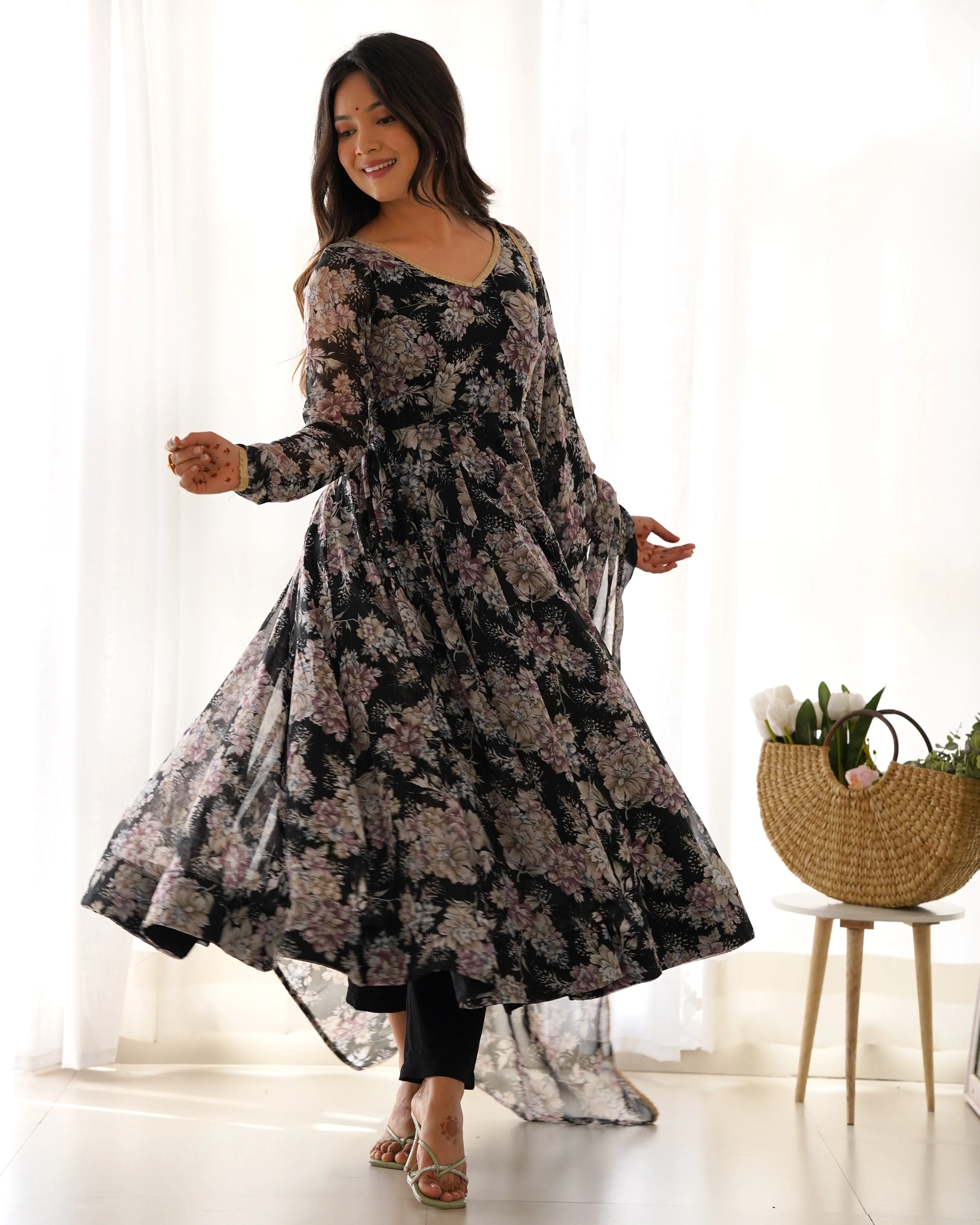 Exquisite Black Floral Printed Anarkali Salwar Suit