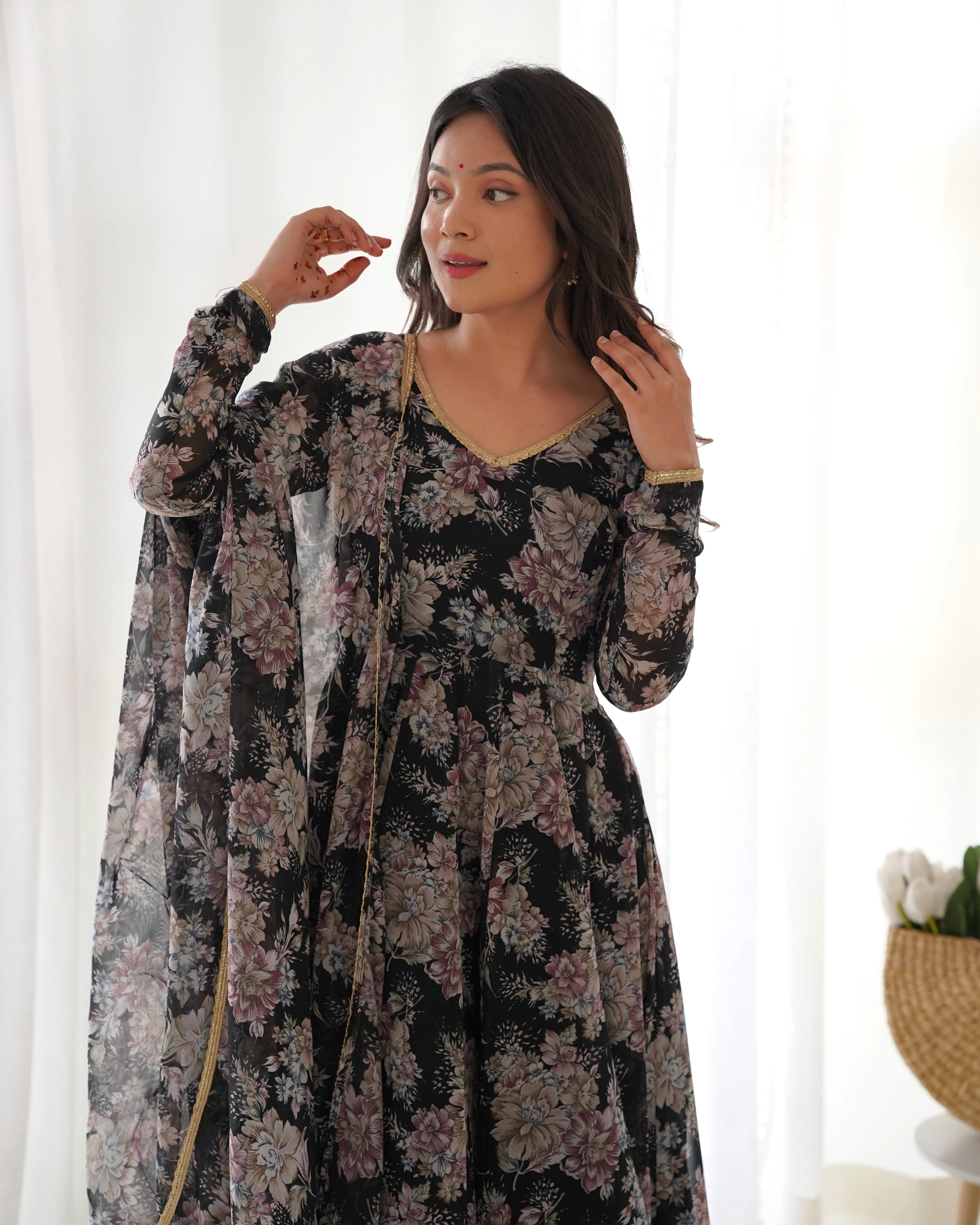 Exquisite Black Floral Printed Anarkali Salwar Suit
