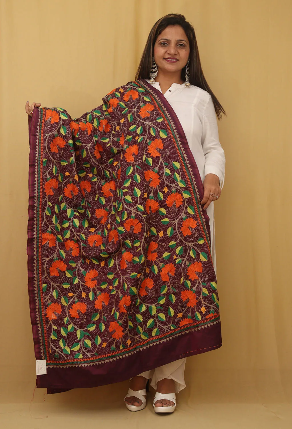 Exquisite Purple Kantha Silk Dupatta with Hand Embroidery