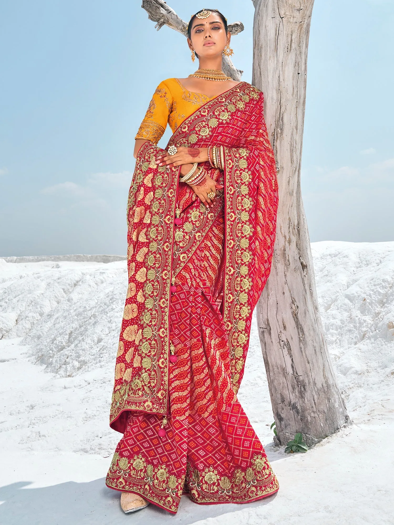 Exquisite Red Georgette Zari Weaved Bandhni Patola Saree