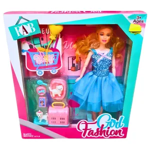 Fashion Girl Doll Playset with Accessories – Stylish Dress, Pet Care Items & Shopping Fun for Kids 3 