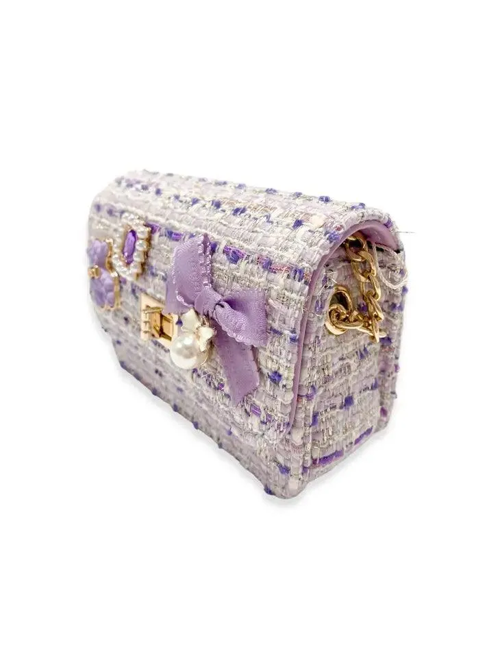 Handbag | Teddy and Bow Tweed Purse - Purple | Doe a Dear
