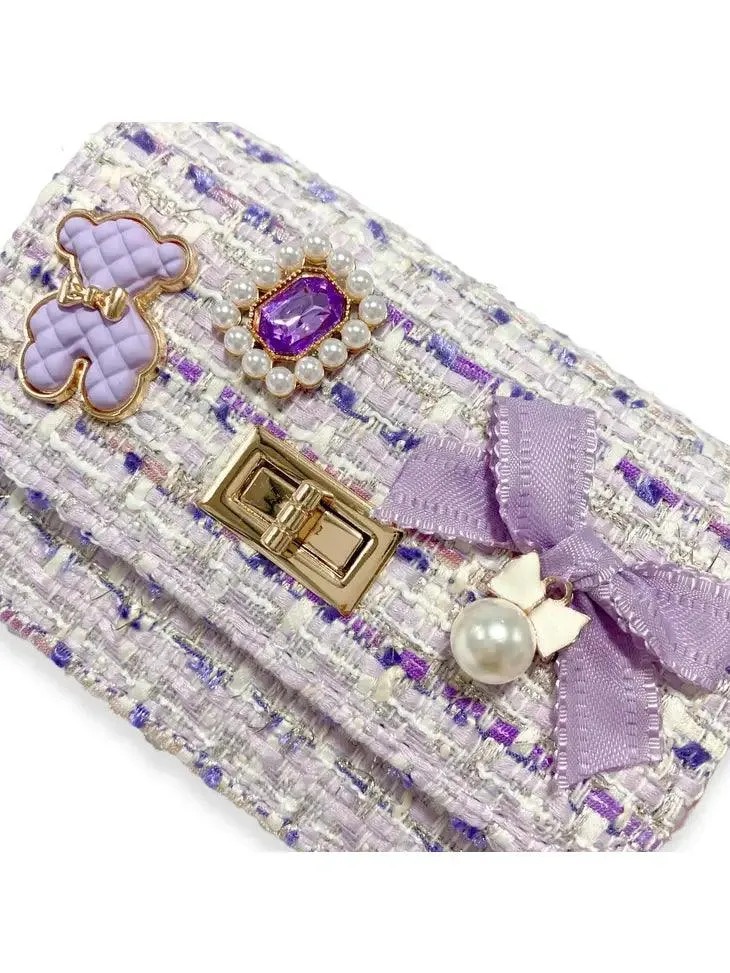 Handbag | Teddy and Bow Tweed Purse - Purple | Doe a Dear