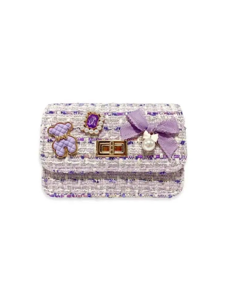 Handbag | Teddy and Bow Tweed Purse - Purple | Doe a Dear
