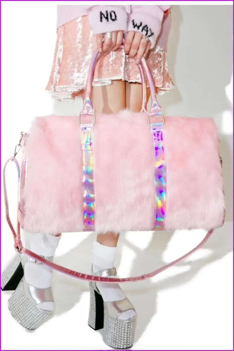 Large Tote Plush Pink Faux Fur Travel Bag F14188