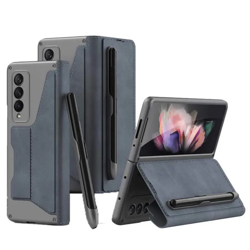 Leather Wallet Case For Galaxy Z Fold 3/4 With Removable S Pen Holder Kickstand