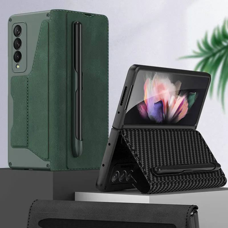 Leather Wallet Case For Galaxy Z Fold 3/4 With Removable S Pen Holder Kickstand