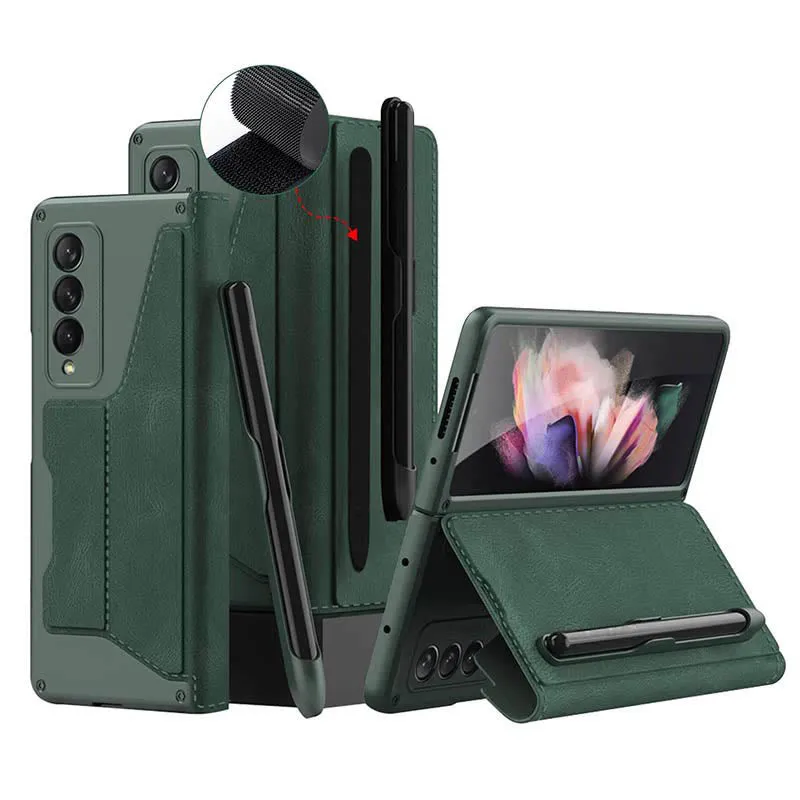 Leather Wallet Case For Galaxy Z Fold 3/4 With Removable S Pen Holder Kickstand