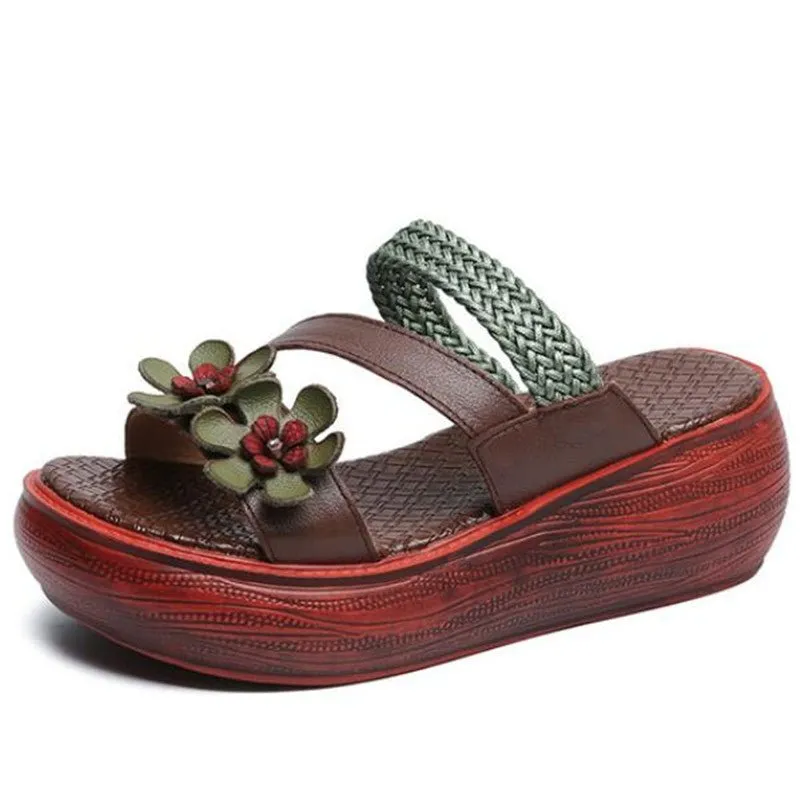 Luxurious Braided Tanned Cowhide Flower Power Platform Slides