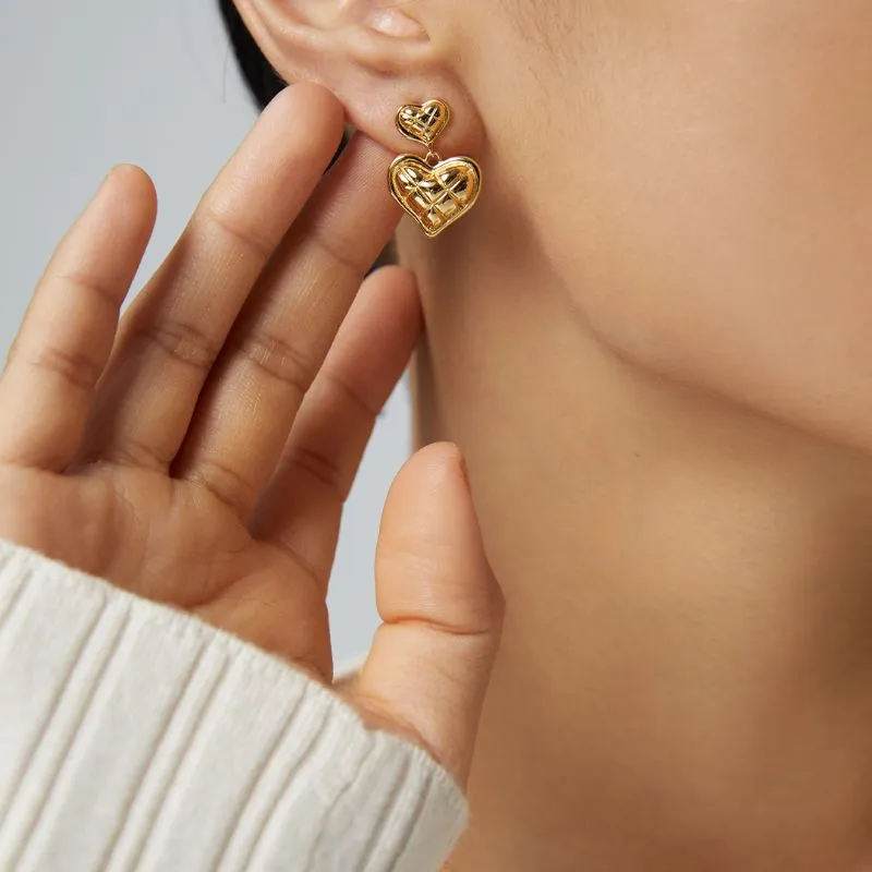 Plaid Heart Earrings - Gold Vermeil