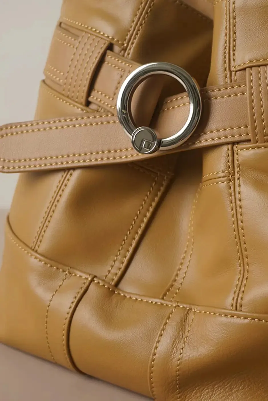 Vintage Belted Leather Boho Bucket Bag