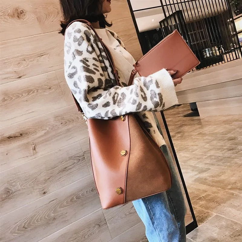 Women Suede Bucket Wide Strap Handbag/Crossbody Bags With Coin Purse