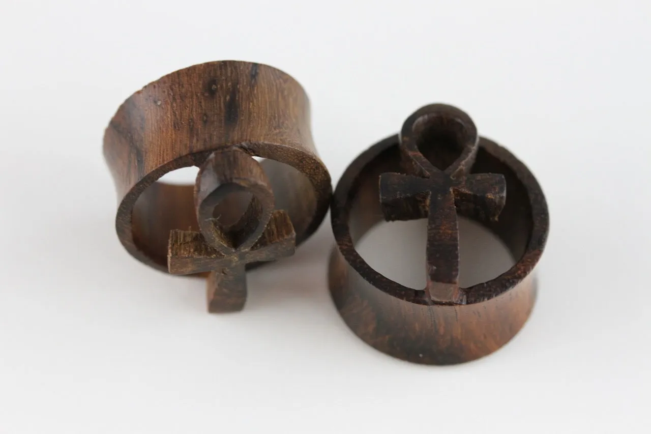Wooden Ankh Plugs for Stretched Ears - Hand Carved Wood (Pair) - PA54