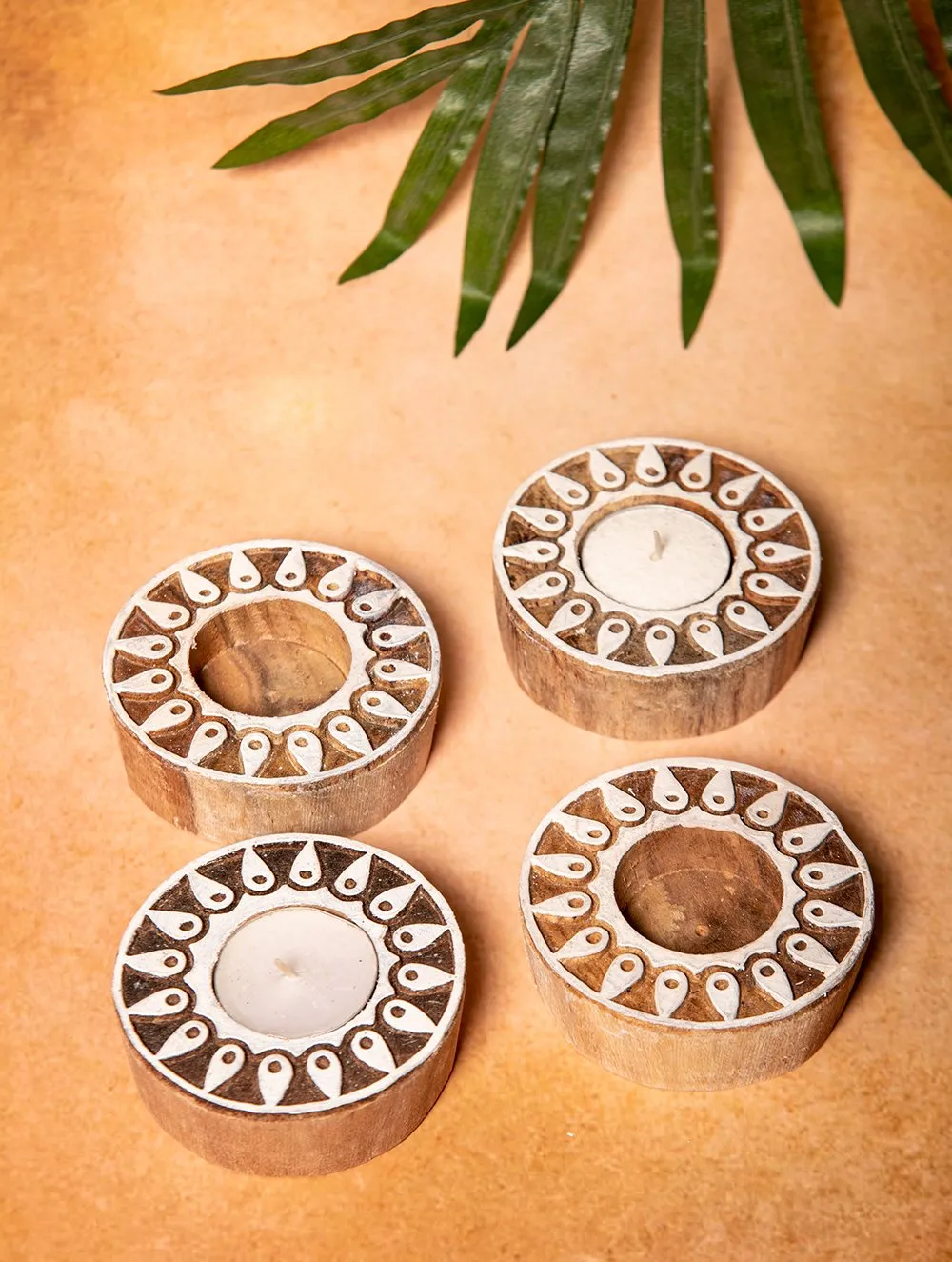 Wooden Engraved Tealight Holders (Set of 4) - Medium. Round Shaped